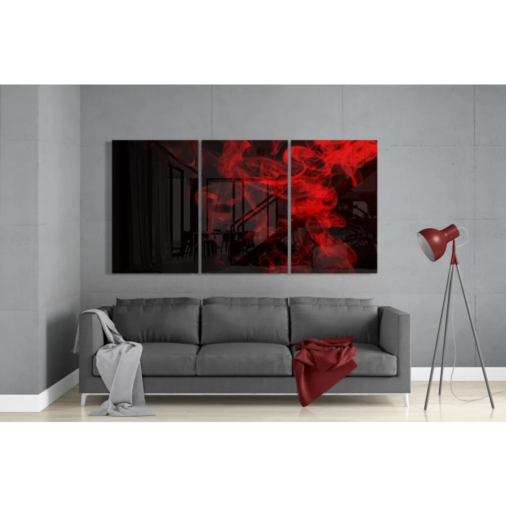 Stunning red smoke insigne glass art tri-panel set above sofa