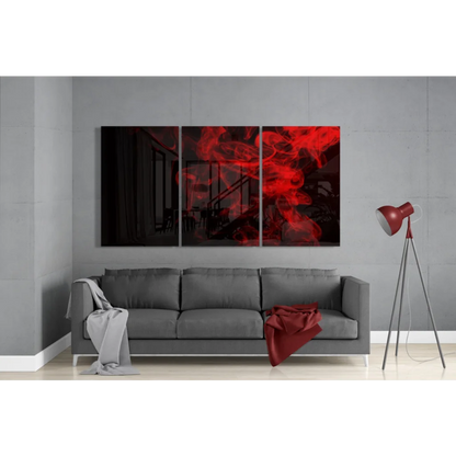 Stunning red smoke insigne glass art tri-panel set above sofa