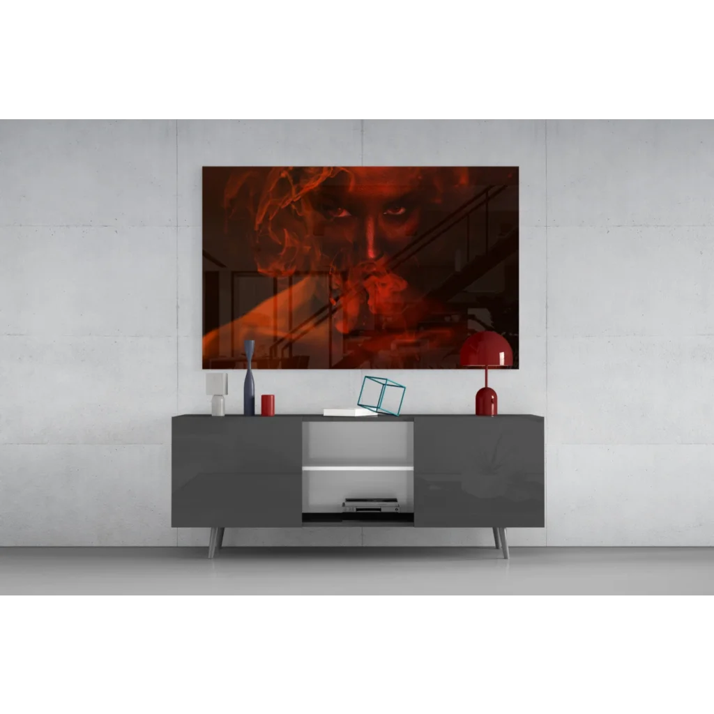 Striking red lamp on gray console with fiery wall art drama