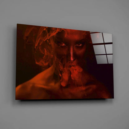 Fiery Red Portrait Canvas Wall Art with Intense Smoky Drama | Glass Wall Art Print | vintageantiquesgifts.com