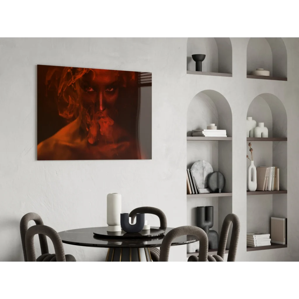 Fiery red portrait canvas wall art with smoky drama