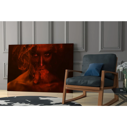 Fiery red portrait canvas wall art with smoky drama on gray wall