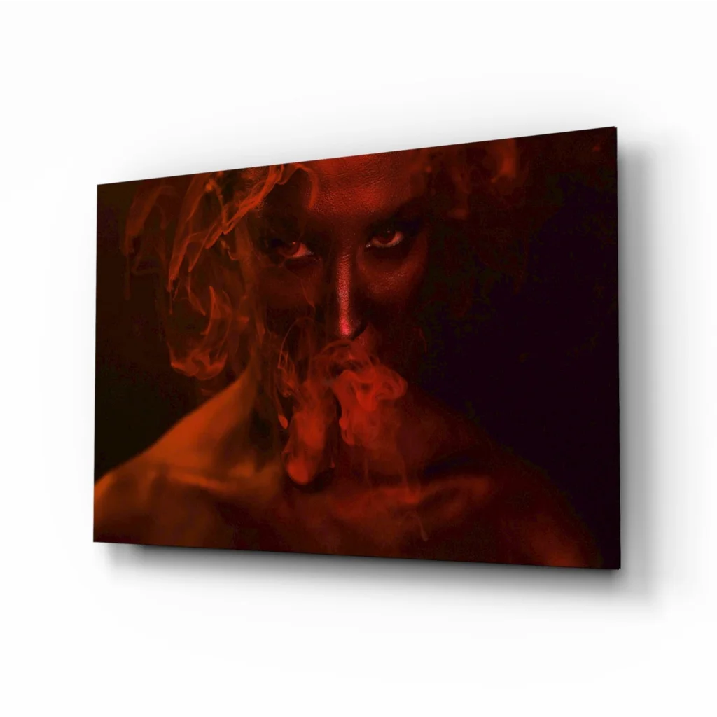 Fiery Red Portrait Canvas Wall Art with Intense Smoky Drama | Insigneart USA | vintageantiquesgifts.com