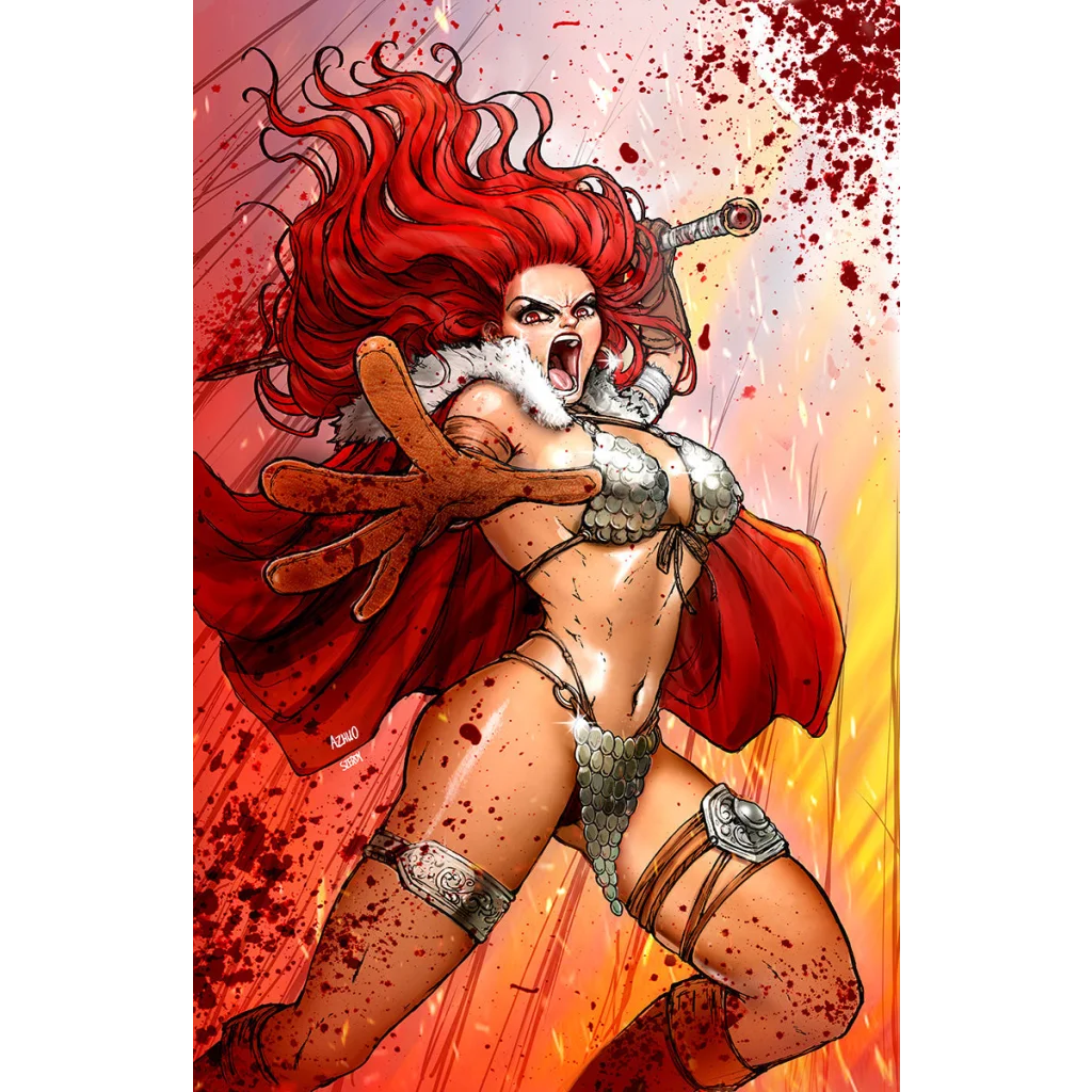 Red Sonja NYCC Bloody Virgin variant art with fierce warrior woman and blood splatters