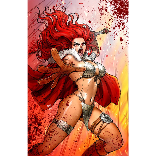 Red Sonja NYCC Bloody Virgin variant art with fierce warrior woman and blood splatters