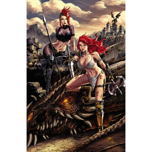 Red Sonja Age of Chaos Dragon Warriors comic book with two fantasy warrior women on a dragon