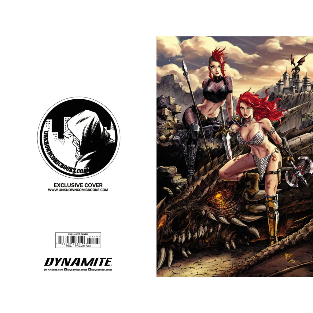 Red Sonja Age of Chaos comic featuring warrior women riding a dragon from Unknown Comics