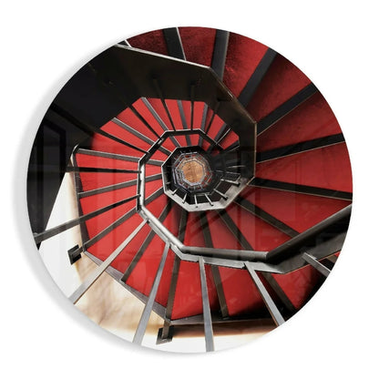 Stunning red spiral staircase tempered glass art with black metallic railings