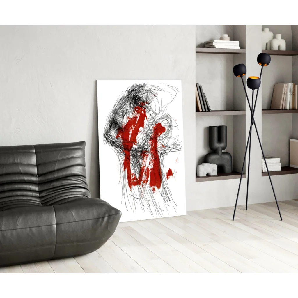 Bold red abstract canvas wall art with black brushstrokes on white
