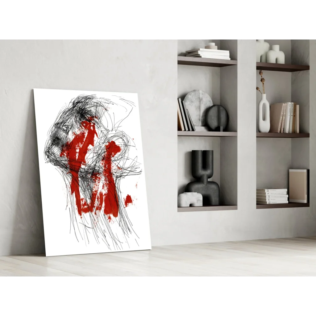 Bold red abstract canvas wall art with black brushstrokes on white