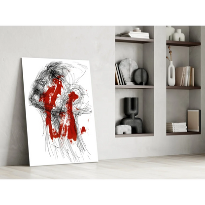 Bold red abstract canvas wall art with black brushstrokes on white