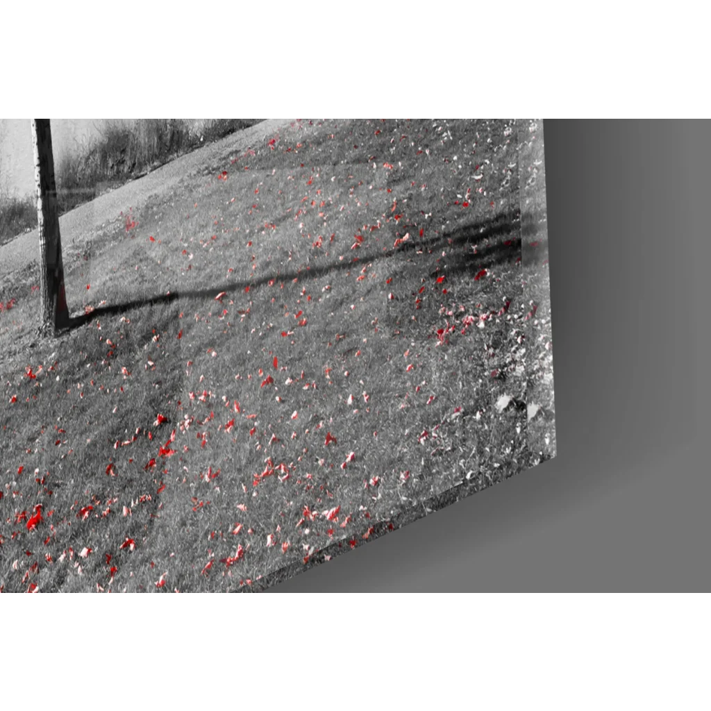 Tilted black-and-white canvas wall art of red flowers in grass