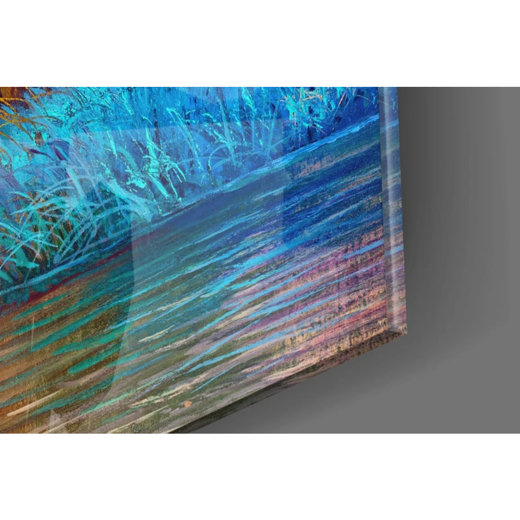Vibrant fiery tree glass wall art with sunset blues, teals, purples
