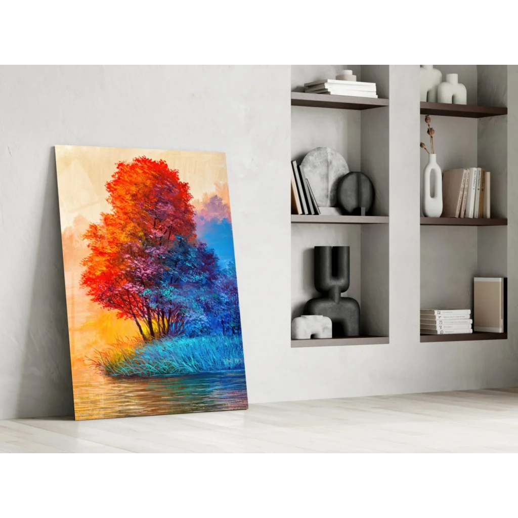 Fiery tree glass wall art with orange sunset hues on canvas