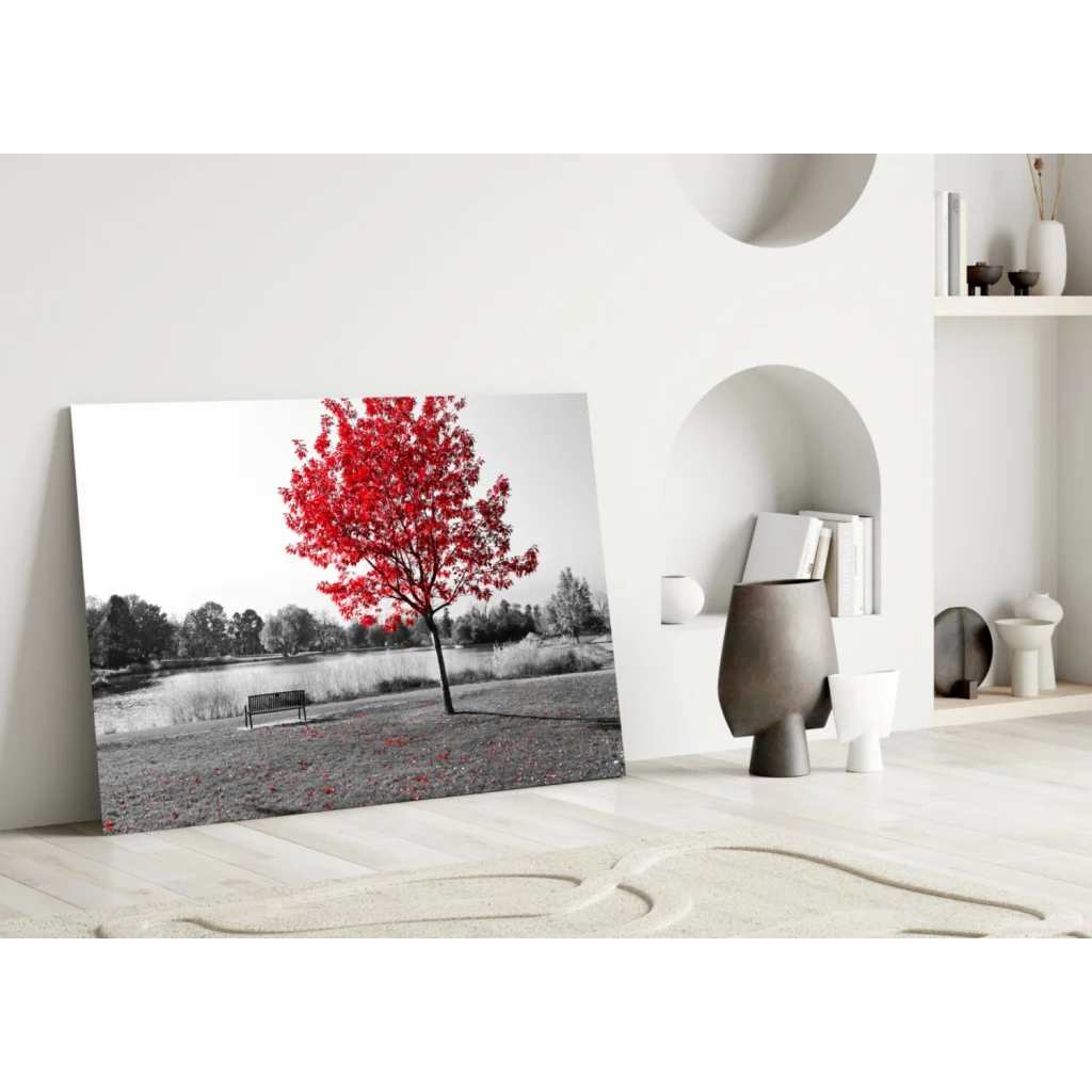 Striking black-and-white red tree wall art canvas print in serene park