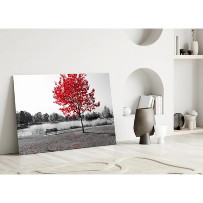 Striking black-and-white red tree wall art canvas print in serene park