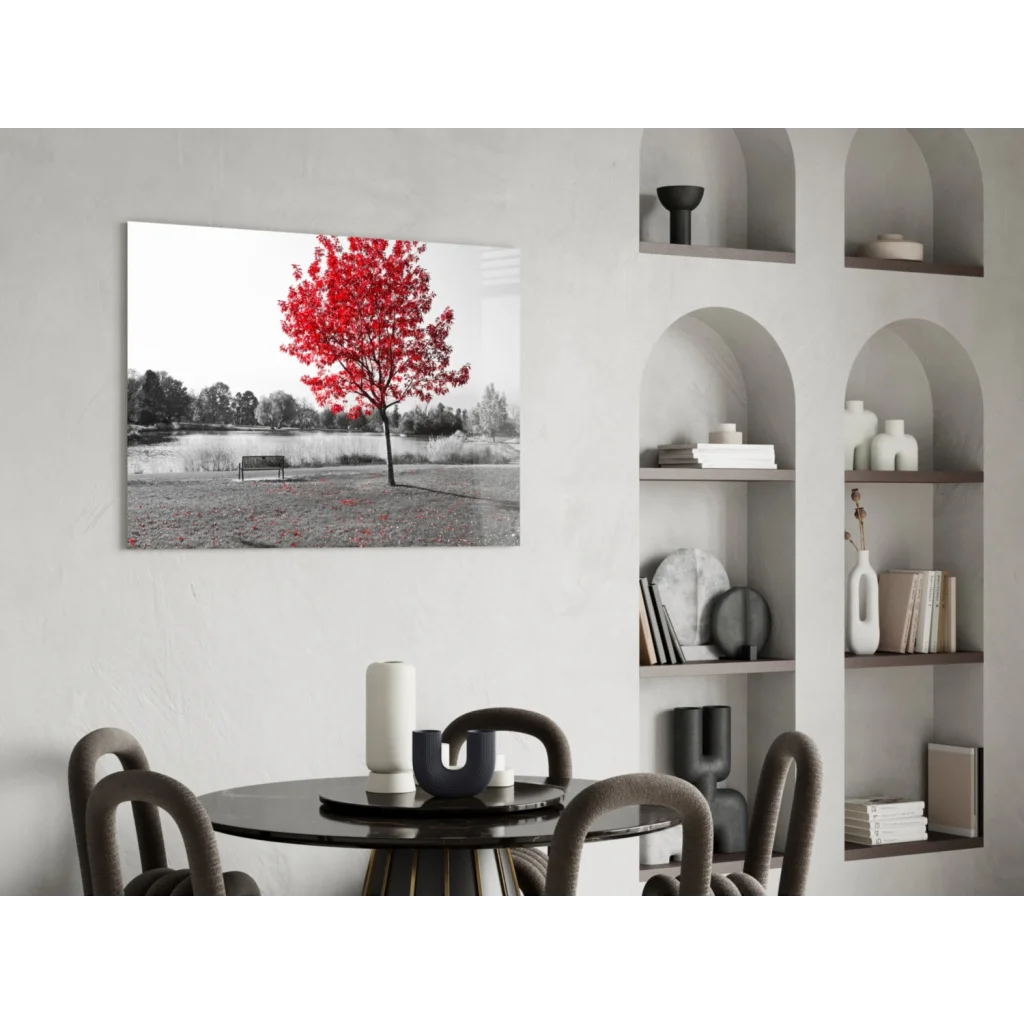 Striking red tree canvas wall art with bold black-and-white contrast