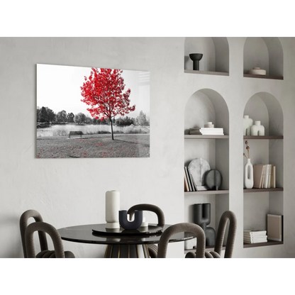 Striking red tree canvas wall art with bold black-and-white contrast