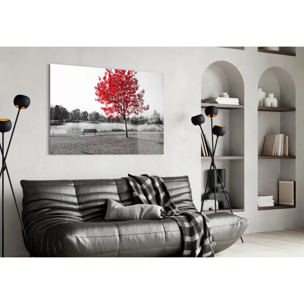 Black-and-white canvas wall art of red tree in serene park