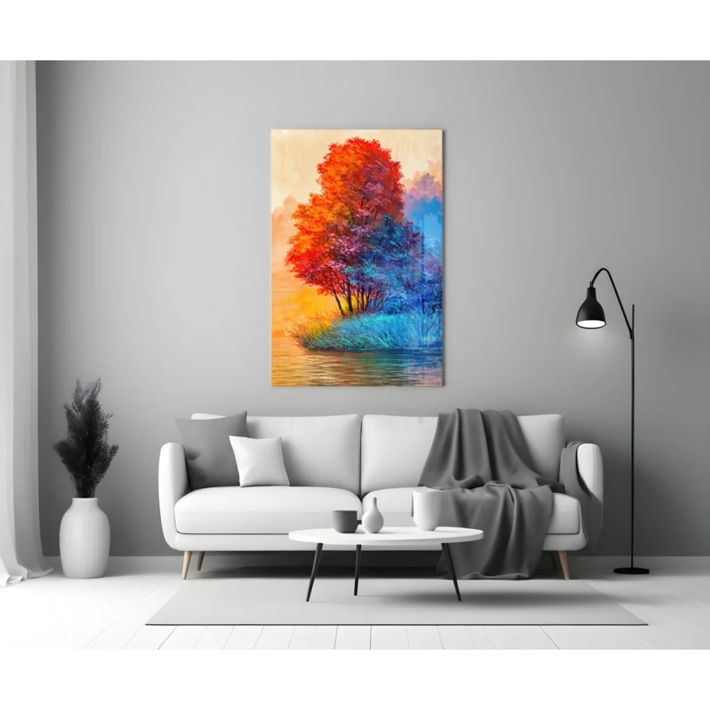 Fiery Tree Glass Wall Art with Stunning Sunset Colors | Modern Wall Art Decor | vintageantiquesgifts.com