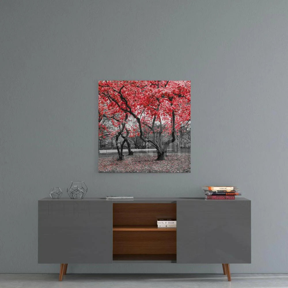 Vibrant red tree glass wall art on gray wall above console table