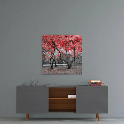 Vibrant red tree glass wall art on gray wall above console table