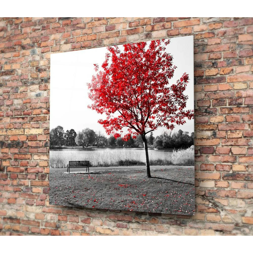 Vibrant red tree glass wall art on canvas print against black-and-white park