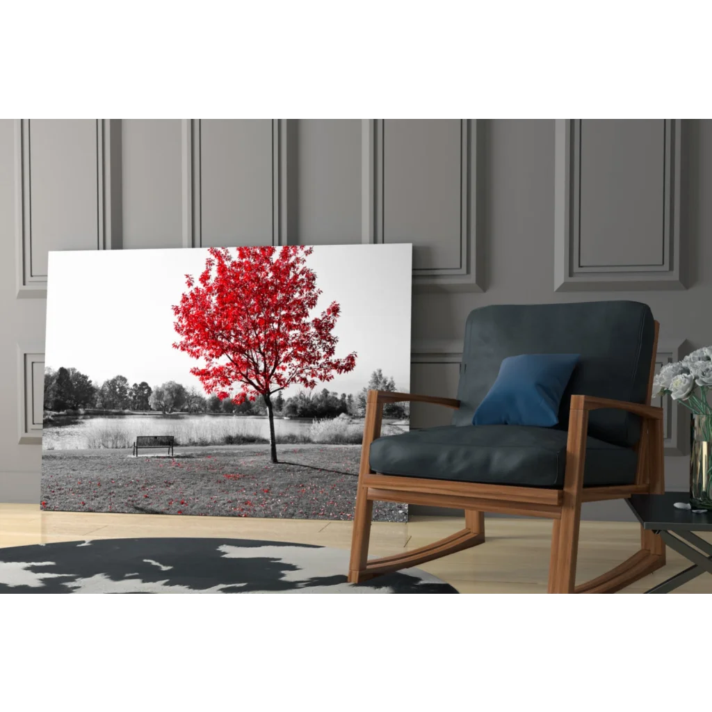 Vibrant red tree black-and-white wall art canvas print with park bench and water
