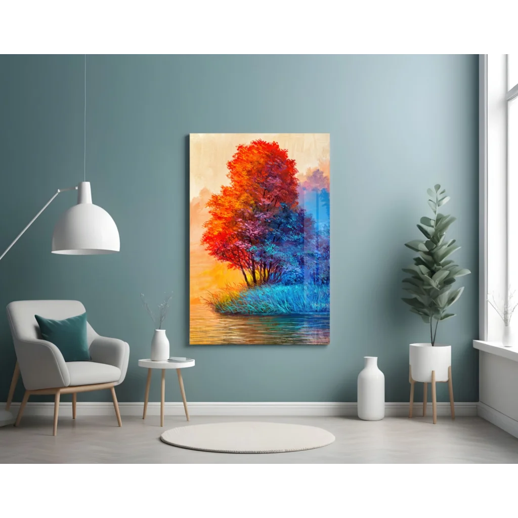 Fiery Tree Glass Wall Art with Stunning Sunset Colors | Contemporary Home Wall Art | vintageantiquesgifts.com