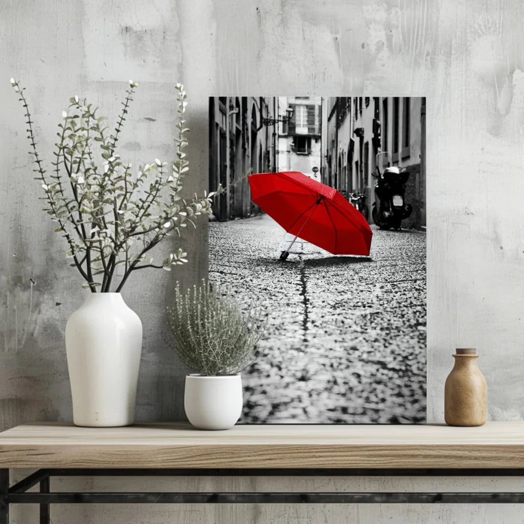 Red Umbrella Insigne Aluminum Prints Street Art Canvas | Glass Wall Art Print | vintageantiquesgifts.com