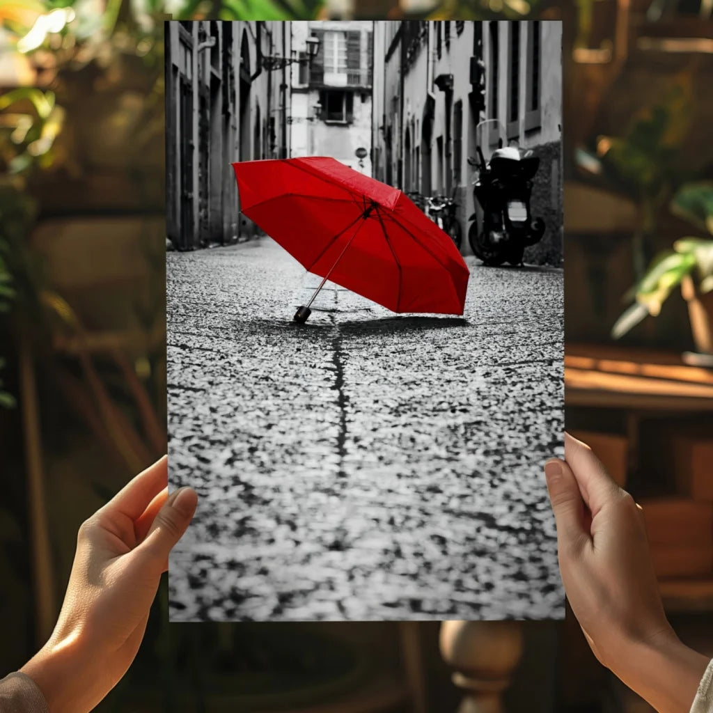 Vibrant red umbrella on wet cobblestones in black-and-white insigne aluminum print