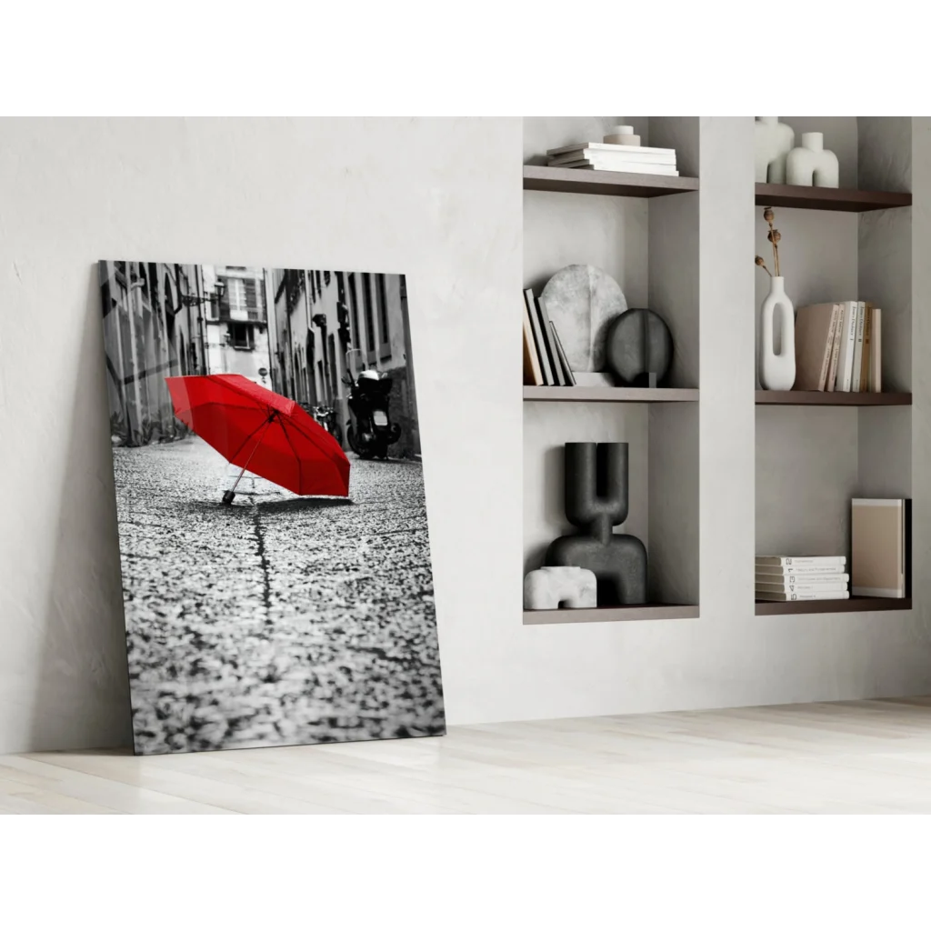 Striking red umbrella black-and-white wall art print for modern homes
