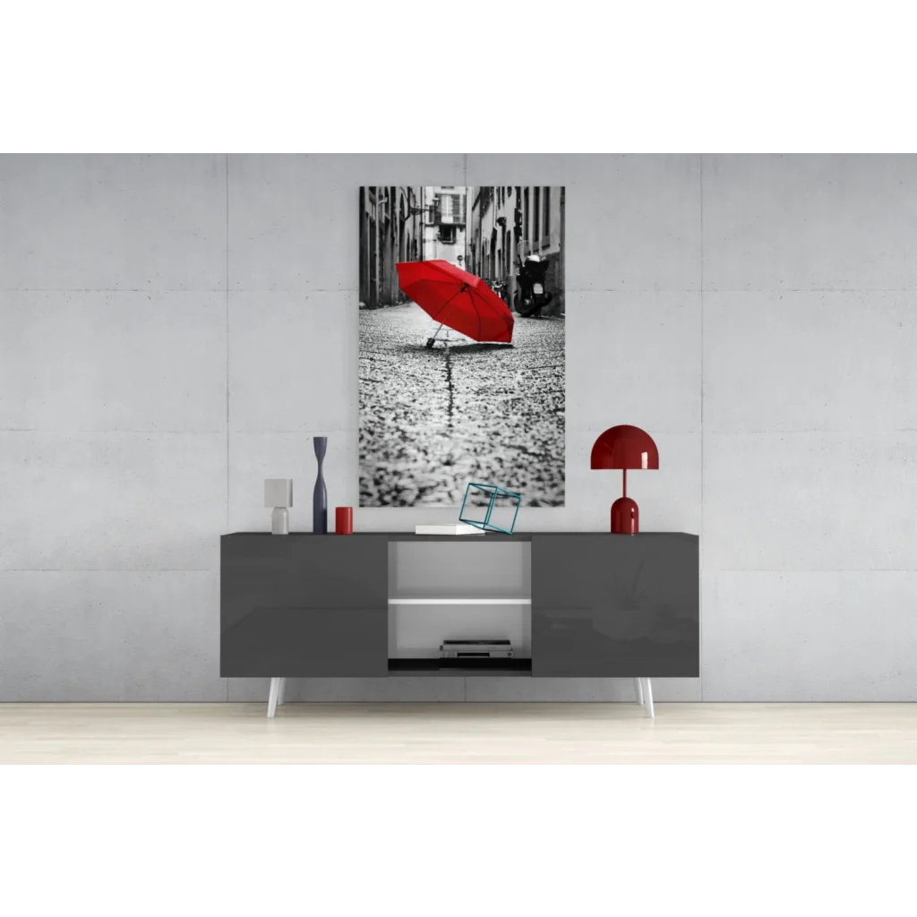 Vibrant red umbrella canvas wall art print in black-and-white urban scene