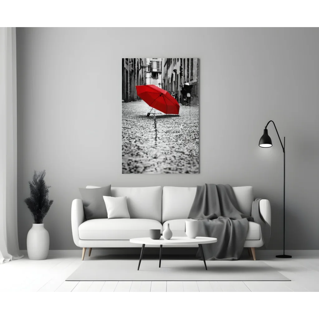 Vibrant red umbrella canvas wall art on monochrome city street