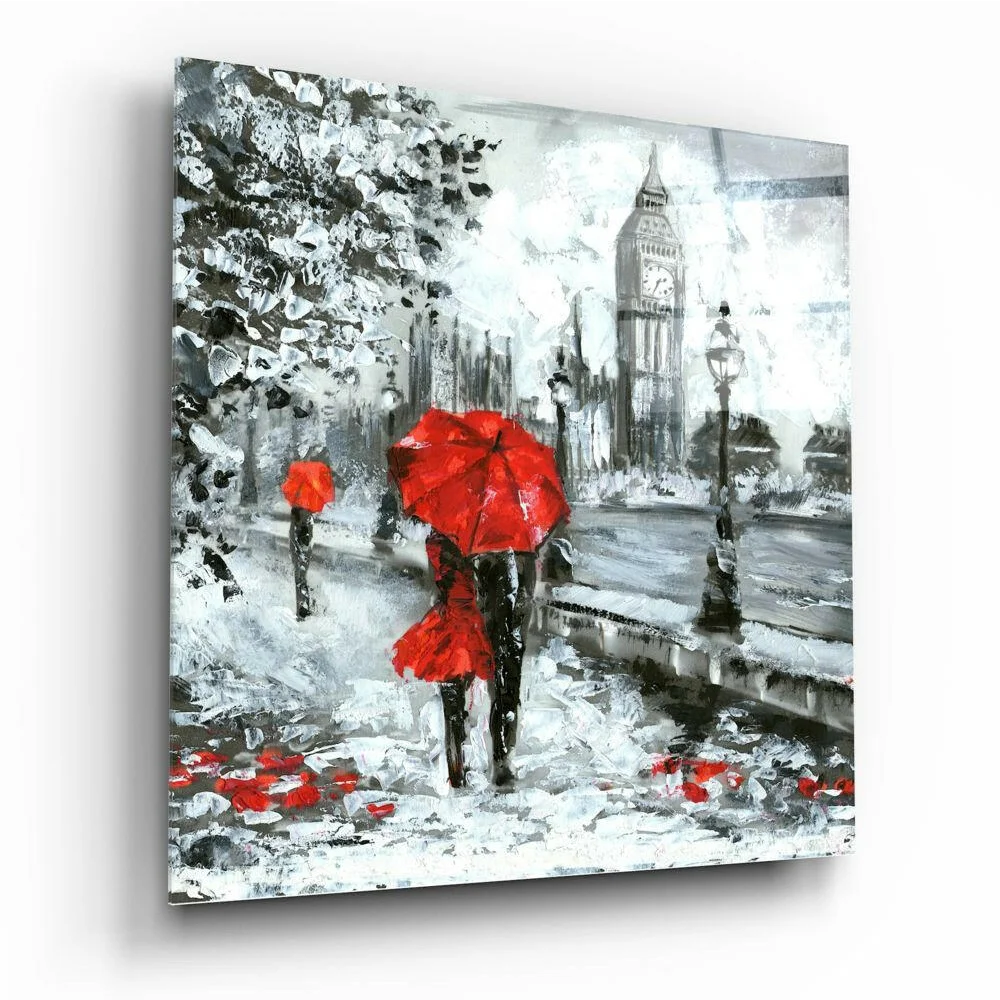 Vibrant red umbrella in London rain on glass wall art canvas print