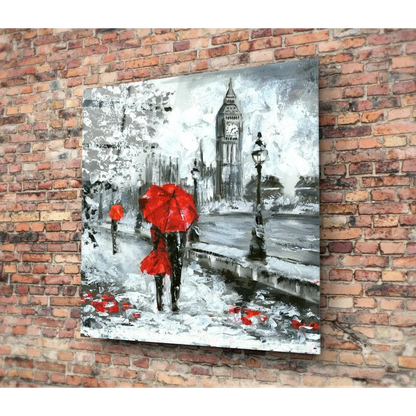 Vibrant red umbrella in London rain glass wall art with Big Ben