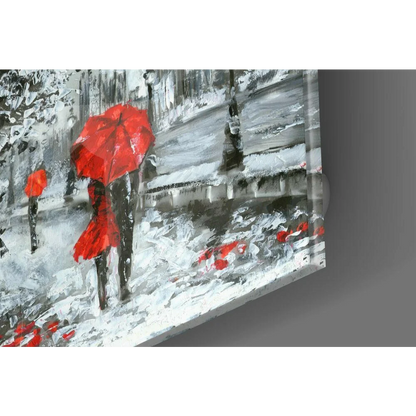 Vibrant red umbrella and dress in London rain glass wall art print