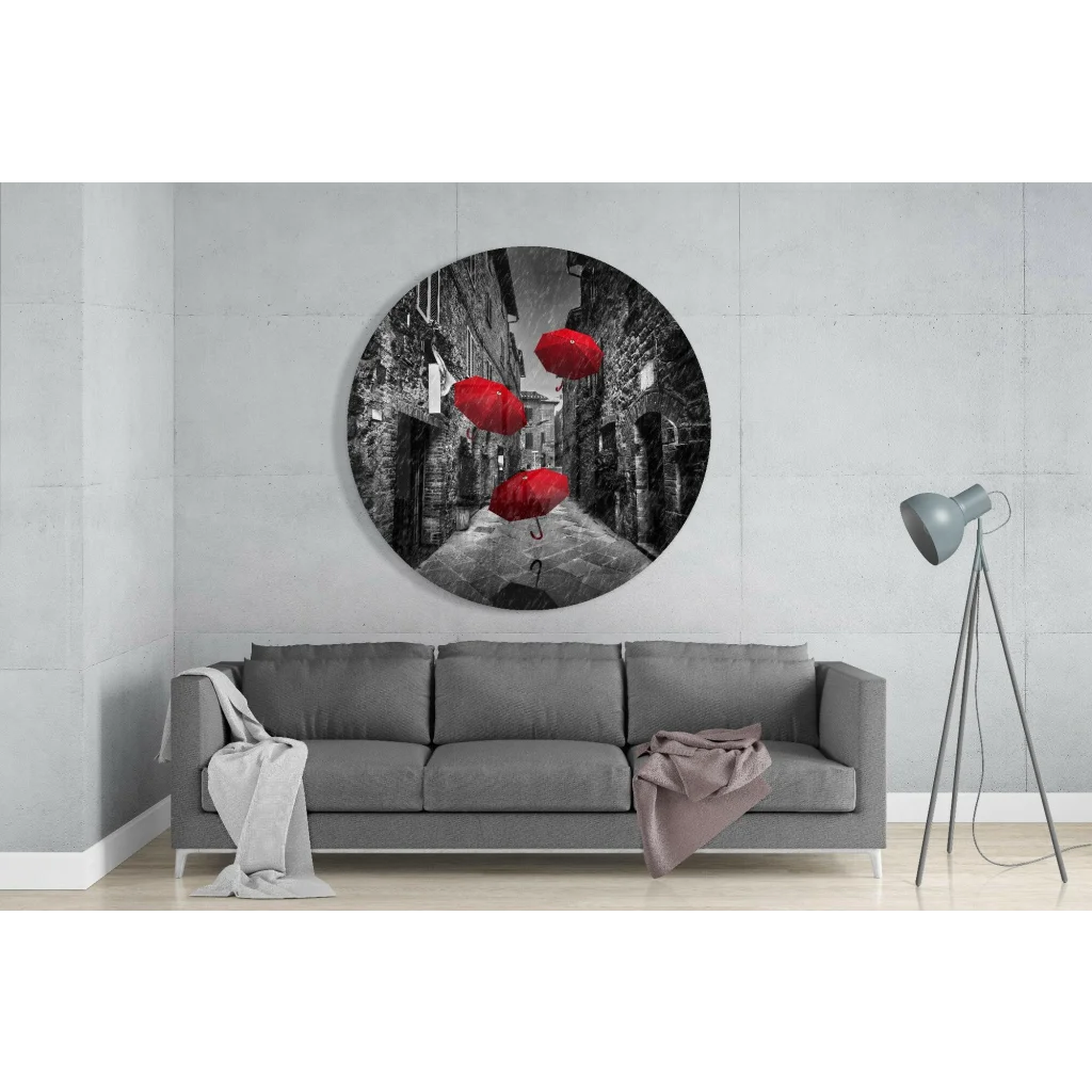 Red Umbrellas Tempered Glass Art Circle | Glass Wall Art Print | vintageantiquesgifts.com