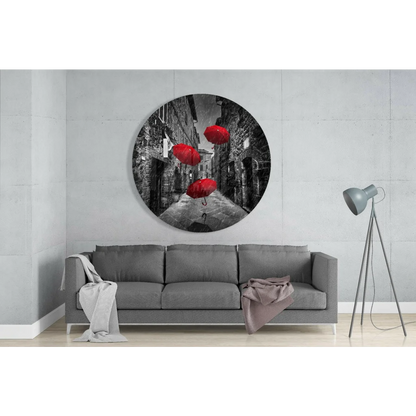Red Umbrellas Tempered Glass Art Circle | Glass Wall Art Print | vintageantiquesgifts.com