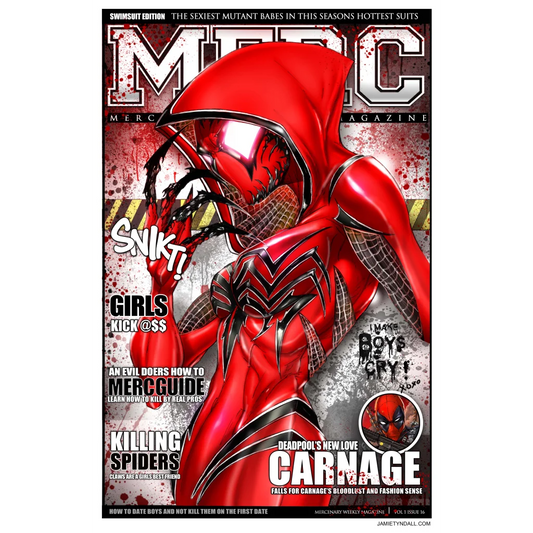 Glossy red superhero costume with black webbing on brushed aluminum print