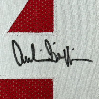 Red and white polka dot signed jersey in premium frame
