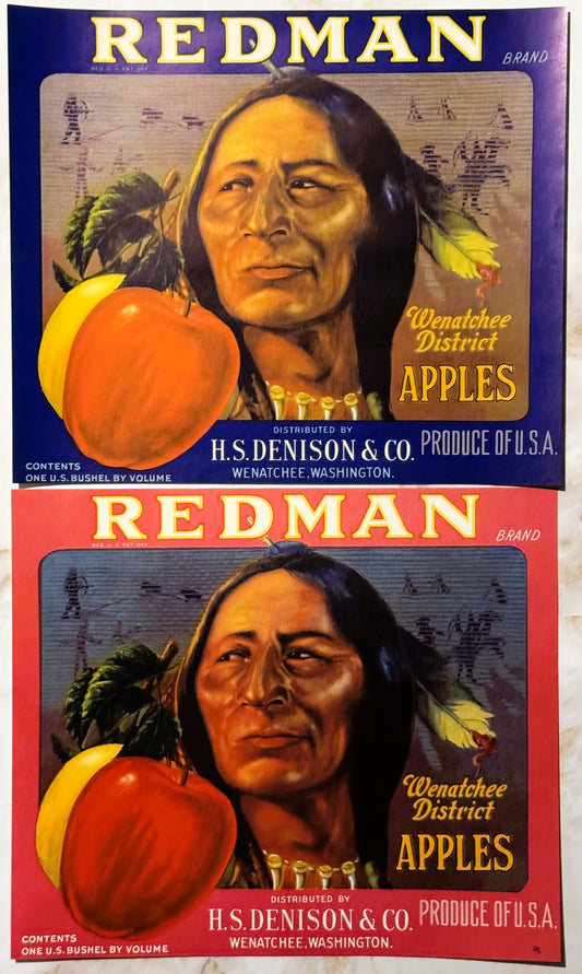 Antique Vintage 1930s Redman Apples Crate Label, Wenatchee, WA, Native American!