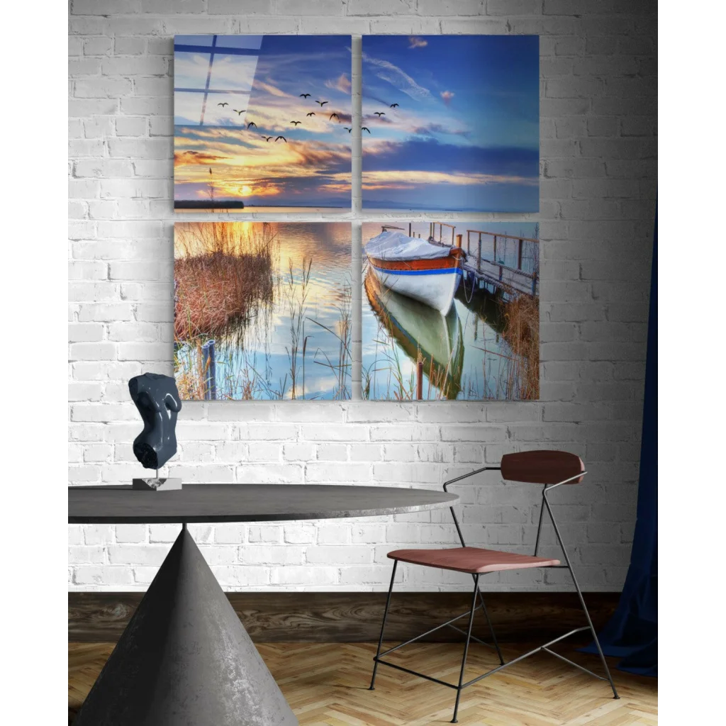 Stunning sunset lake glass wall art: serene 4-panel canvas with boat and birds