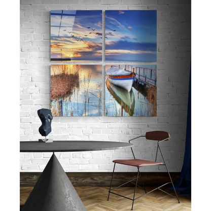 Stunning sunset lake glass wall art: serene 4-panel canvas with boat and birds