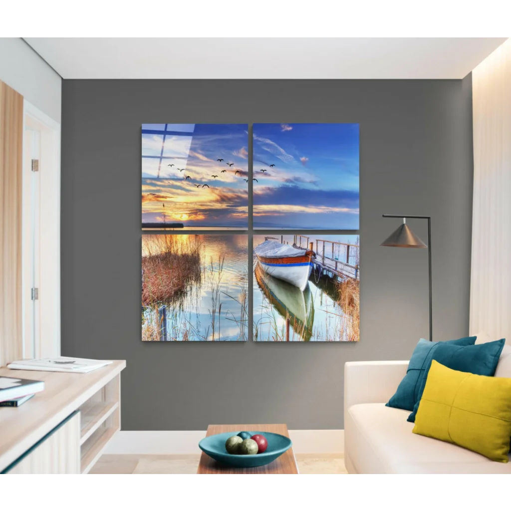Serene sunset lake glass wall art with birds, boat, pier in 4 panels