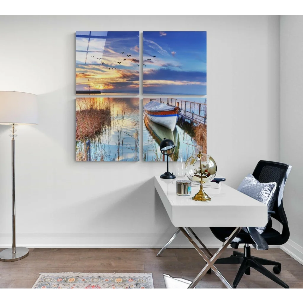 Stunning sunset lake glass wall art: 4-panel serene scene with boats and birds