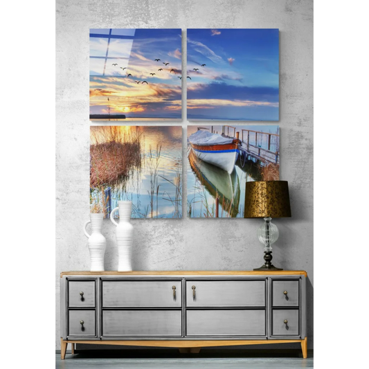Serene sunset lake glass wall art with birds and boat on four panels