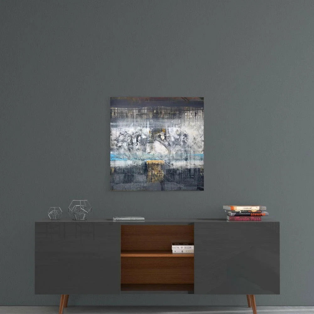 Bold abstract wall art canvas with gray blue strokes and gold band