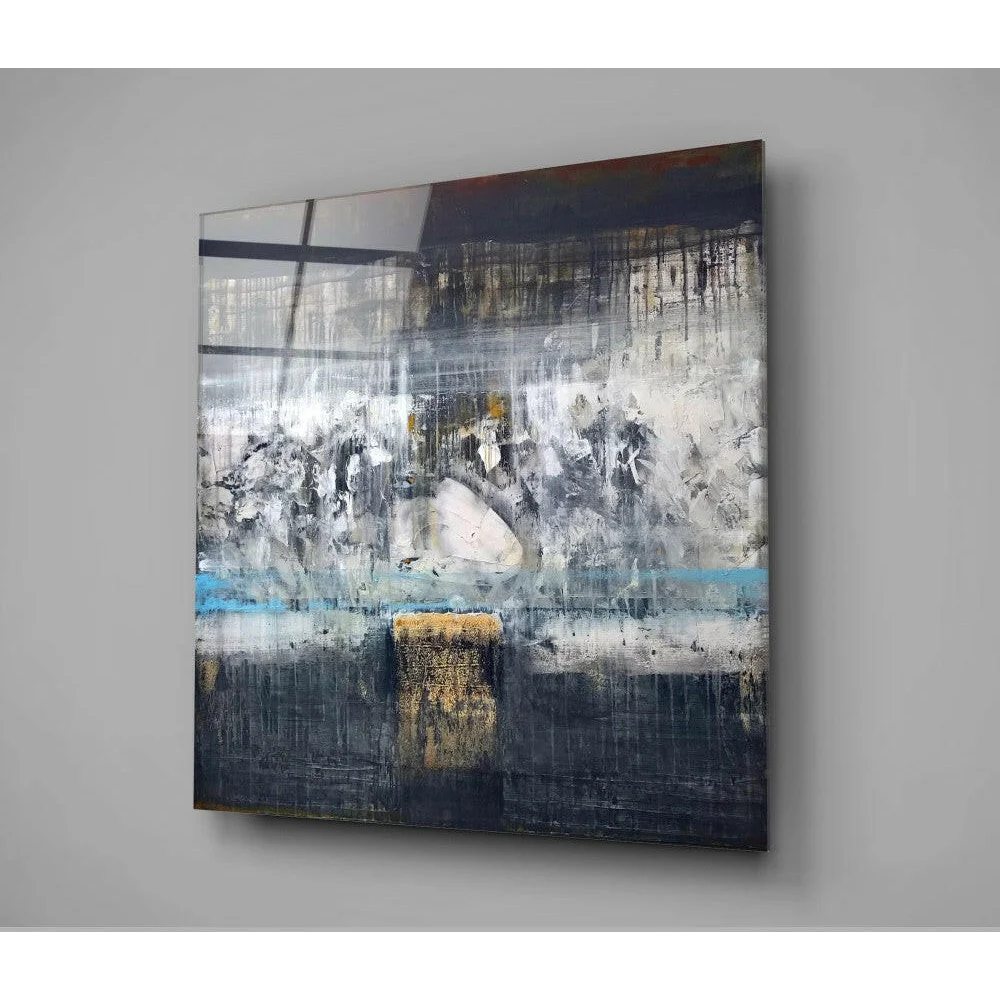 Bold abstract canvas wall art with black, white, gray, blue and gold accents