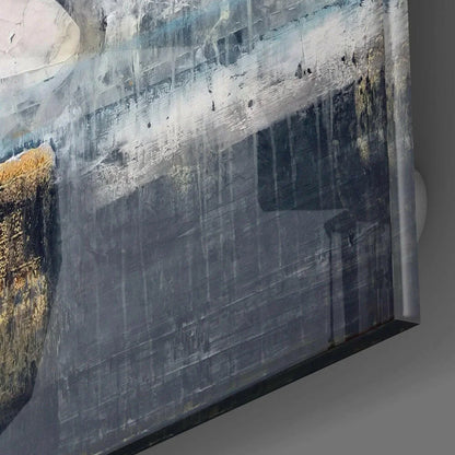 Bold abstract canvas wall art with textured grays, blacks, gold accents